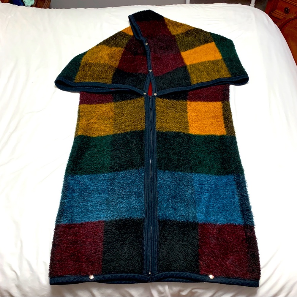 VTG Biederlack Cuddle Wrap Stadium Throw Blanket Color Block Check Snap Zip USA